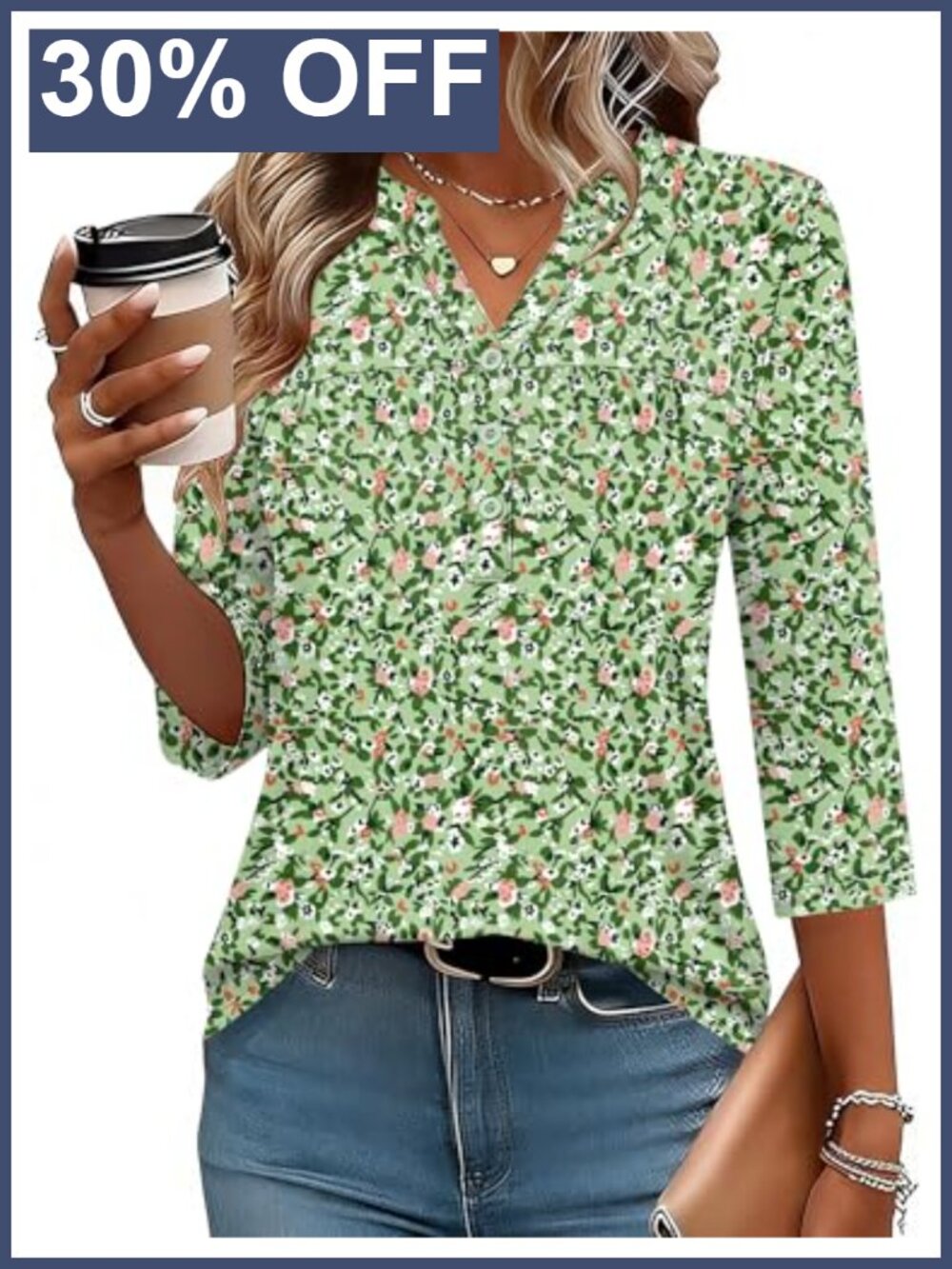Womens 3/4 Sleeve Button Down Tunic Blouse Pleated V Neck Flowy Top